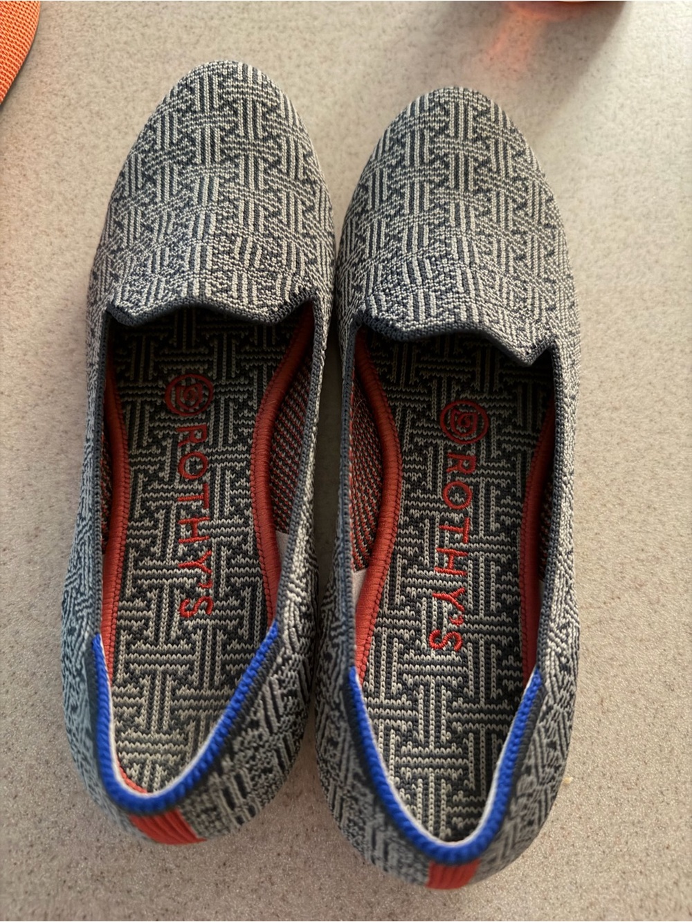 Rothy's Gray Patterned Knit Slip-On Flats with Blue and Orange Trim